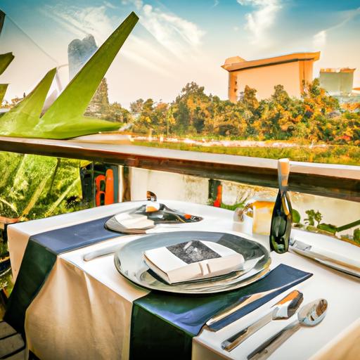 Indulging in a gourmet feast while admiring the scenic beauty of Riverside Plaza.